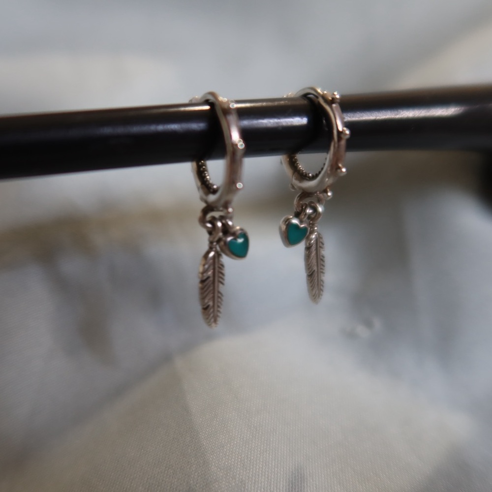 Pandora Silver Feather Dangle Earrings with Turquoise Accents